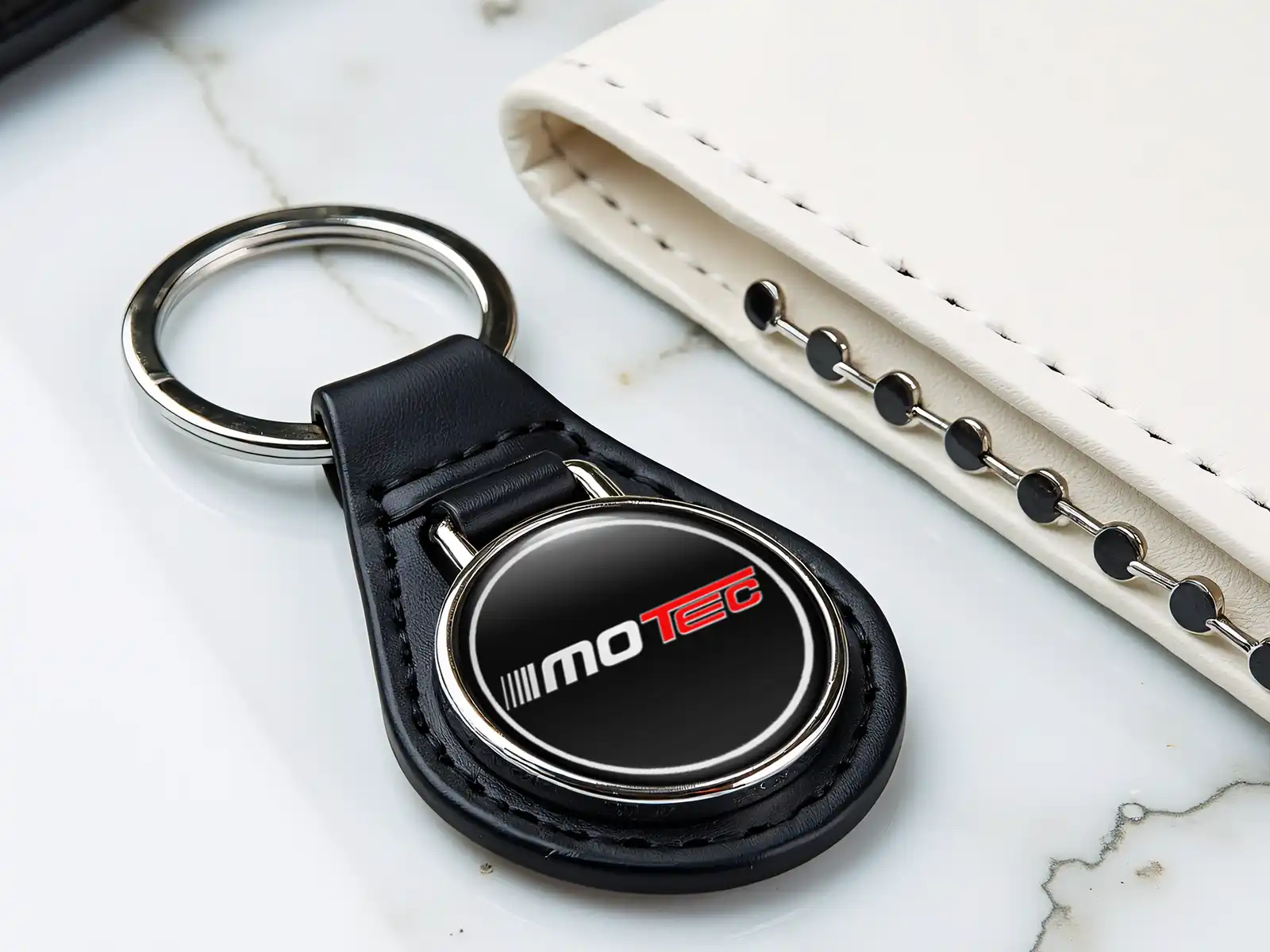 Motec Leather Key Ring High-Quality Domed Racing Design